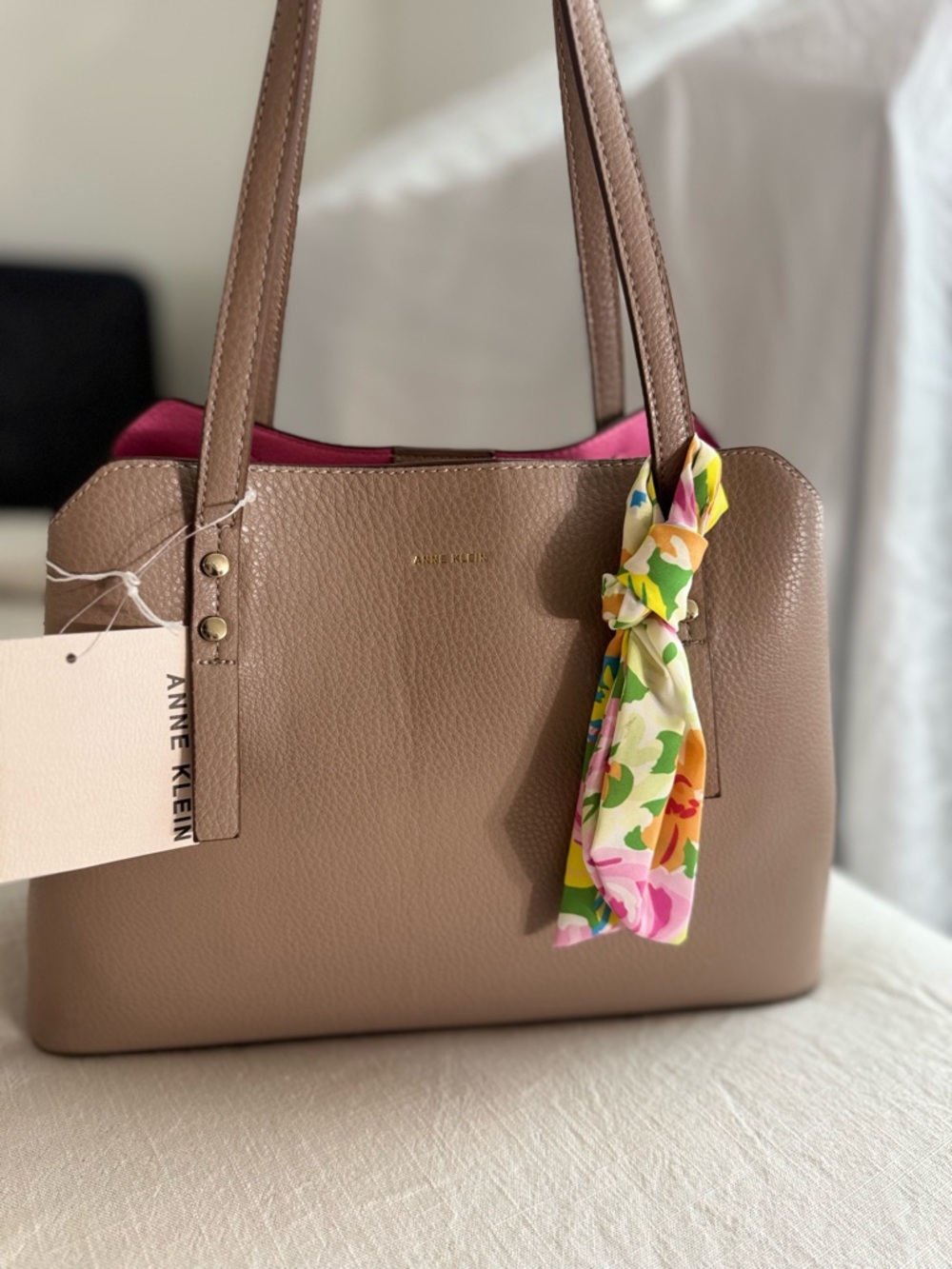 Aimee Kestenberg Taupe Shoulder Bag with Floral Scarf